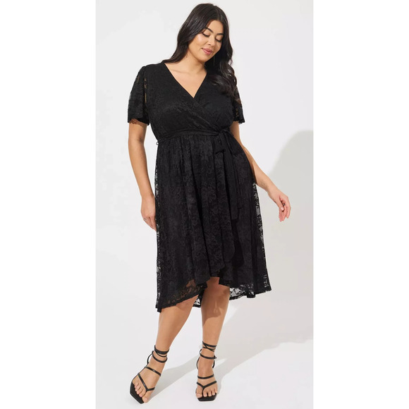 torrid Dresses & Skirts - Torrid Mini Lace Wrap Dress Black Tie Stretch Hi-Lo Skater Stretch Plus Size 4X